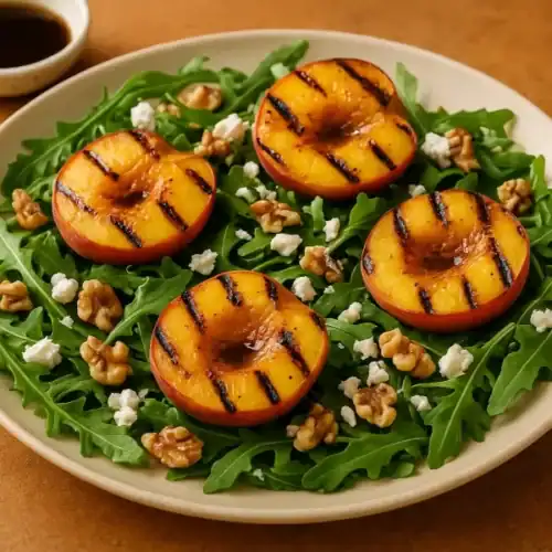 Grilled peaches salad with arugula, goat cheese, and walnuts drizzled with balsamic glaze.