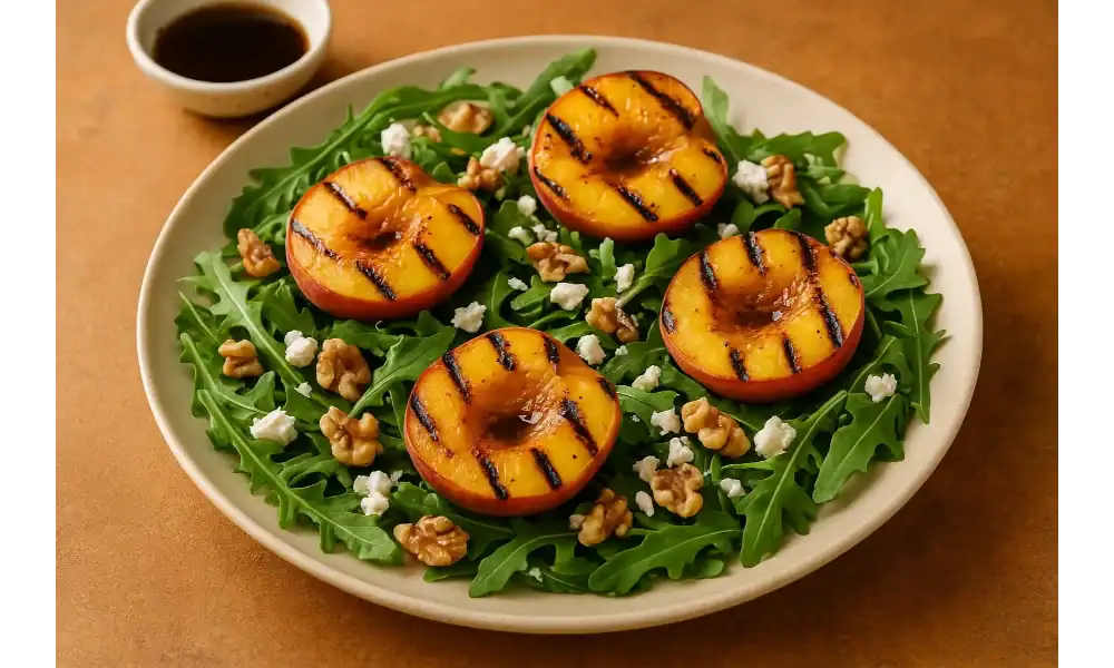 Grilled peaches salad with arugula, goat cheese, and walnuts drizzled with balsamic glaze.