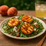 Grilled peaches salad with arugula, goat cheese, walnuts, and balsamic glaze served outdoors in a summer setting.