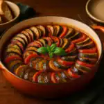Authentic French ratatouille served in an orange cast-iron dish with sliced vegetables arranged in a spiral.