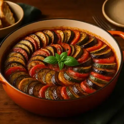 Authentic French ratatouille served in an orange cast-iron dish with sliced vegetables arranged in a spiral.