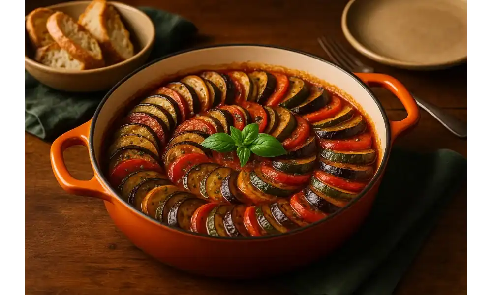 Authentic French ratatouille served in an orange cast-iron dish with sliced vegetables arranged in a spiral.