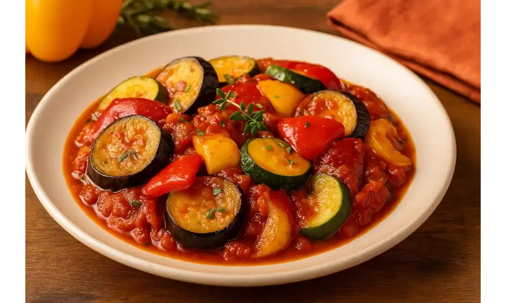 A plate of authentic Provençal ratatouille with zucchini, eggplant, bell peppers, and tomatoes in a rich tomato sauce, garnished with fresh herbs.