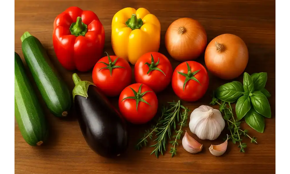 Fresh ingredients for authentic Provençal ratatouille, including zucchini, eggplant, bell peppers, tomatoes, onions, garlic, and fresh herbs on a wooden surface.