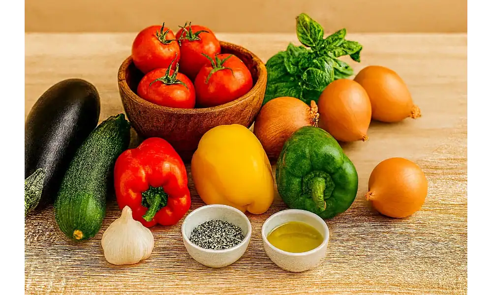Fresh ingredients for authentic French ratatouille, including tomatoes, eggplant, zucchini, bell peppers, onions, garlic, herbs, and olive oil.