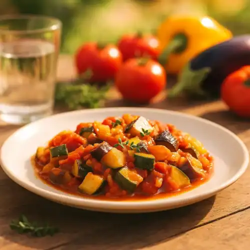 A plate of colorful Provençal ratatouille with diced zucchini, eggplant, and tomatoes in a rich tomato sauce, garnished with fresh thyme, served outdoors in warm sunlight.