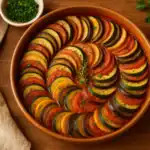 A beautifully arranged Provençal ratatouille in a round terracotta dish, featuring thin slices of zucchini, eggplant, yellow squash, and tomatoes in a rich tomato sauce, garnished with fresh herbs.