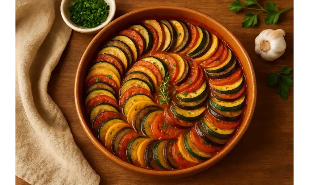 A beautifully arranged Provençal ratatouille in a round terracotta dish, featuring thin slices of zucchini, eggplant, yellow squash, and tomatoes in a rich tomato sauce, garnished with fresh herbs.