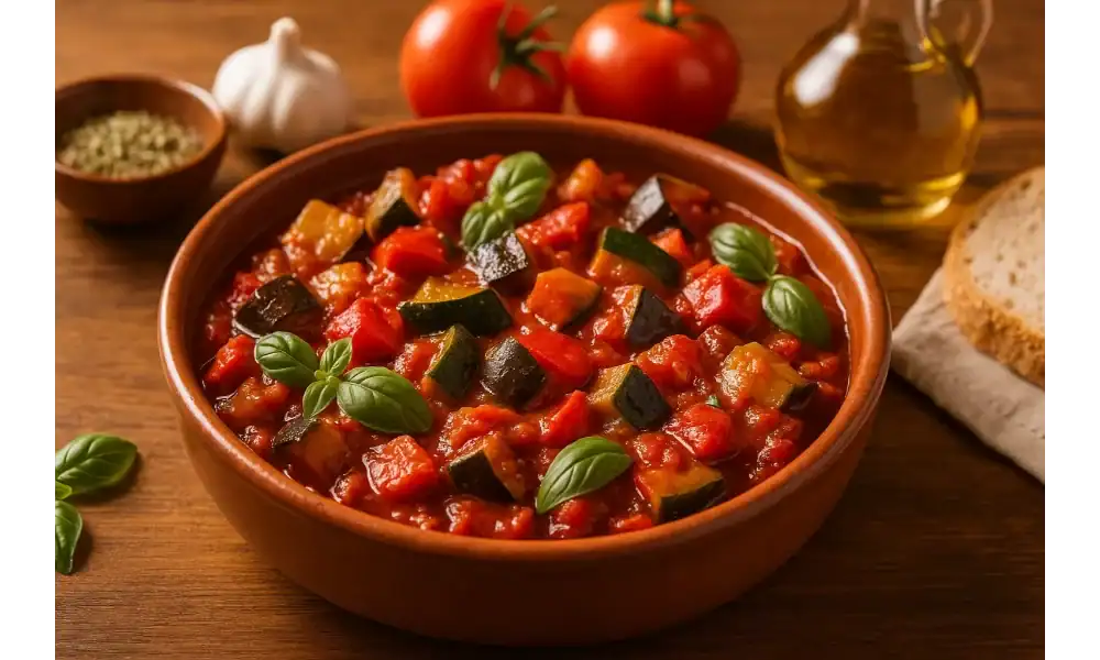 Traditional French ratatouille served in a rustic bowl with diced vegetables in tomato sauce, garnished with fresh basil.