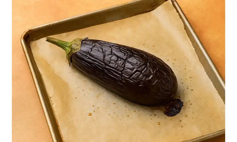 Roasted whole eggplant on a parchment-lined baking tray, fresh from the oven.