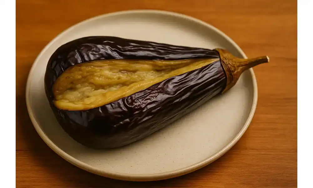 Roasted whole eggplant served on a plate with soft, golden flesh exposed.
