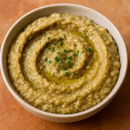 Creamy roasted eggplant spread in a bowl, topped with olive oil and fresh herbs.