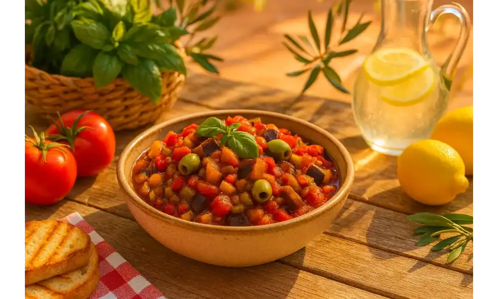 Rustic bowl of Sicilian caponata—eggplant, tomatoes, and olives—garnished with basil on a wooden table with lemons and a carafe in warm sunlight.