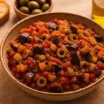 Rustic bowl of Sicilian caponata eggplant—diced eggplant, tomatoes, celery, green olives, and capers—in a warm tomato sauce, with crostini, a bowl of olives, and a bottle of olive oil in the background.