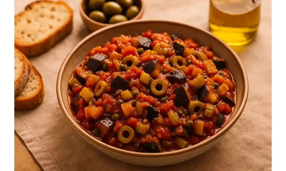 Rustic bowl of Sicilian caponata eggplant—diced eggplant, tomatoes, celery, green olives, and capers—in a warm tomato sauce, with crostini, a bowl of olives, and a bottle of olive oil in the background.