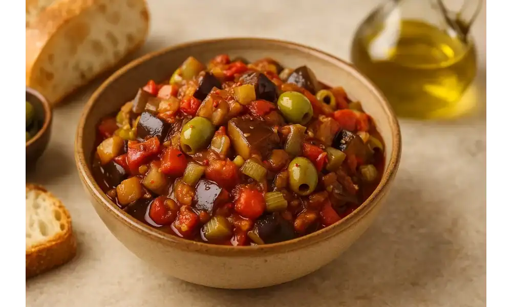 Rustic bowl of Sicilian caponata—diced eggplant, tomatoes, celery, green olives, and capers—in a glossy agrodolce sauce, with bread and an olive-oil cruet in warm light.