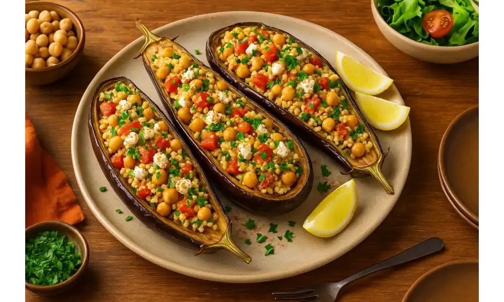 Three roasted Mediterranean stuffed eggplants filled with couscous, chickpeas, tomatoes, parsley, and feta cheese, served with lemon wedges on a rustic dinner plate.