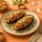 Two Mediterranean stuffed eggplants filled with couscous, tomatoes, pine nuts, parsley, and feta cheese, served on a ceramic plate in a summer table setting.