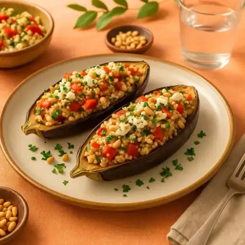 Two Mediterranean stuffed eggplants filled with couscous, tomatoes, pine nuts, parsley, and feta cheese, served on a ceramic plate in a summer table setting.