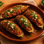 Four roasted Mediterranean stuffed eggplants filled with rice, tomatoes, parsley, and crumbled feta cheese, served on a rustic terracotta plate.