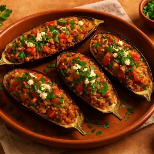 Four roasted Mediterranean stuffed eggplants filled with rice, tomatoes, parsley, and crumbled feta cheese, served on a rustic terracotta plate.