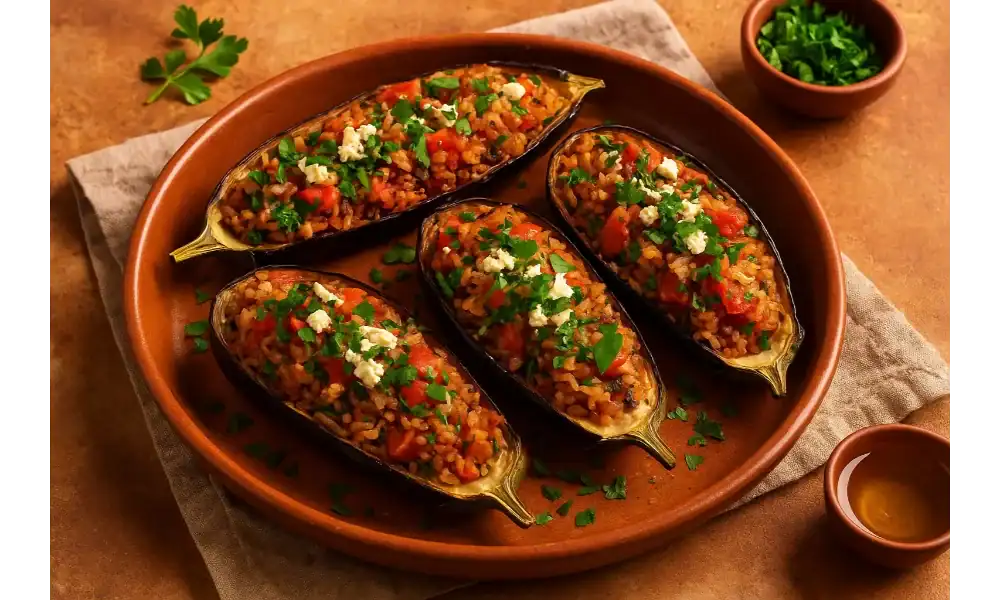 Four roasted Mediterranean stuffed eggplants filled with rice, tomatoes, parsley, and crumbled feta cheese, served on a rustic terracotta plate.