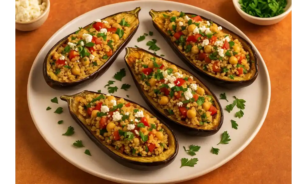 Four roasted Mediterranean stuffed eggplants filled with couscous, chickpeas, tomatoes, parsley, and feta cheese, served on a white plate with fresh herbs.