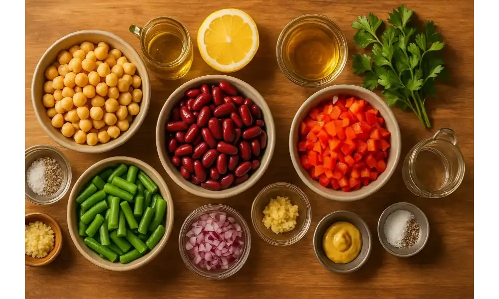 Overhead photo of three-bean salad ingredients—chickpeas, kidney beans, green beans, red bell pepper, red onion, parsley, garlic, Dijon, olive oil, vinegar, salt, and pepper—on a warm wooden table.