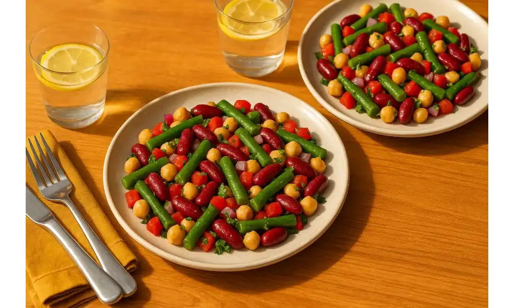 Overhead view of two plates of three-bean salad—kidney beans, chickpeas, green beans, red pepper, red onion, and parsley—served for lunch on a warm wooden table with lemon water and cutlery.