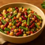 Close-up bowl of three-bean salad—kidney beans, chickpeas, and green beans—with diced red pepper, red onion, parsley, and a tangy vinaigrette on a warm wooden table.