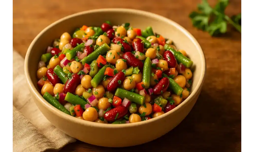 Close-up bowl of three-bean salad—kidney beans, chickpeas, and green beans—with diced red pepper, red onion, parsley, and a tangy vinaigrette on a warm wooden table.