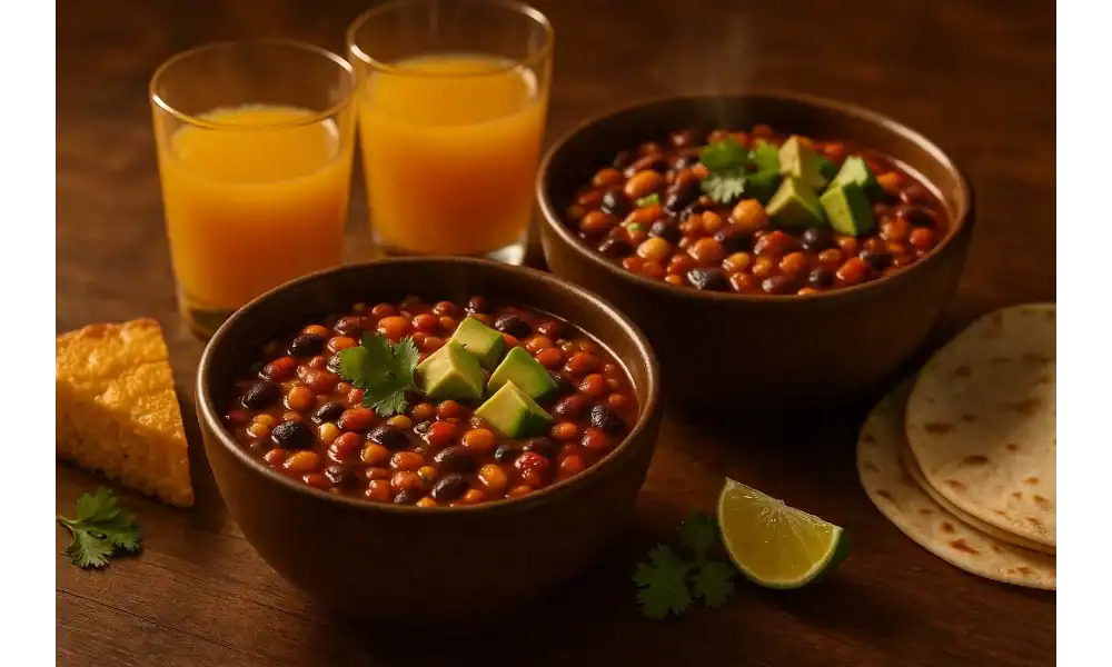 Two bowls of 5-bean vegetarian chili topped with avocado and cilantro, with lime wedges, cornbread, warm tortillas, and two glasses of orange juice on a wooden table.