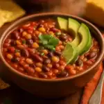 Close-up bowl of 5-bean vegetarian chili in a rustic brown bowl, topped with avocado slices, a lime wedge, and cilantro; warm lighting with cornbread and tortilla chips softly blurred in the background.