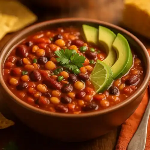 Close-up bowl of 5-bean vegetarian chili in a rustic brown bowl, topped with avocado slices, a lime wedge, and cilantro; warm lighting with cornbread and tortilla chips softly blurred in the background.