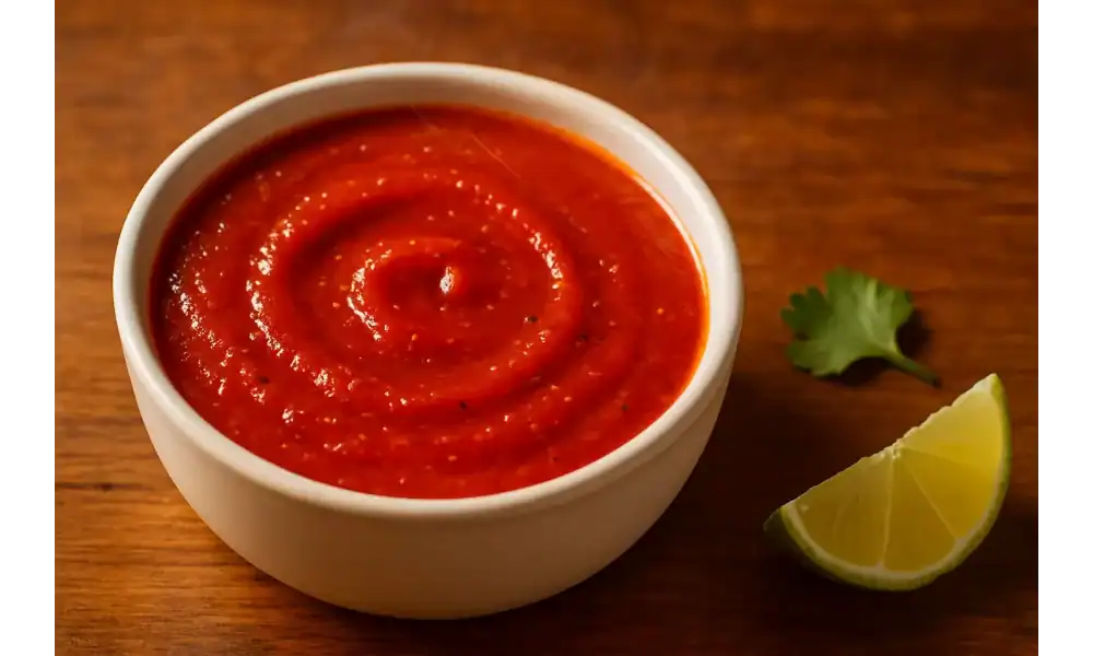 Close-up bowl of thick red chili sauce in a white ramekin on a wooden table, warm lighting, with a lime wedge and cilantro leaf beside it.
