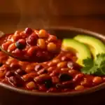 Close-up spoonful of 5-bean vegetarian chili over a rustic bowl, with avocado slices and cilantro; steam rising in warm light.