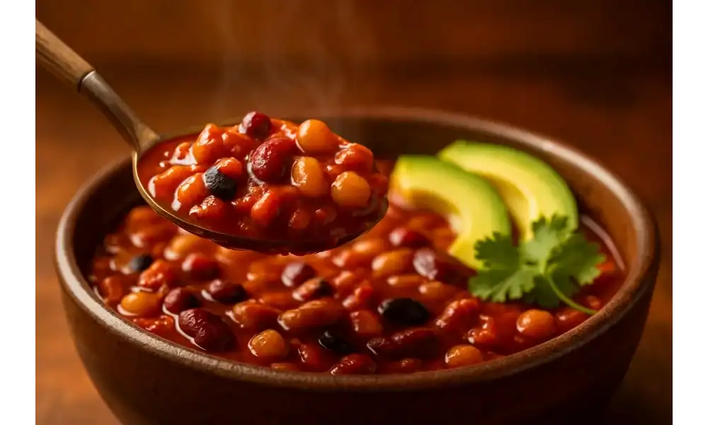 Close-up spoonful of 5-bean vegetarian chili over a rustic bowl, with avocado slices and cilantro; steam rising in warm light.