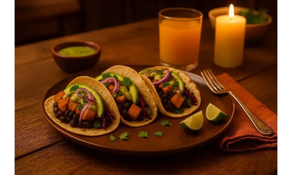 Three avocado sweet potato tacos served on corn tortillas with black beans, roasted sweet potatoes, avocado slices, pickled red onions, and cilantro, with lime wedges, orange juice, and a candle in the background.