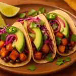 Close-up of three avocado sweet potato tacos on corn tortillas with black beans, roasted sweet potato cubes, purple cabbage slaw, pickled red onions, jalapeño, cilantro, and lime wedges on a brown plate under warm light.