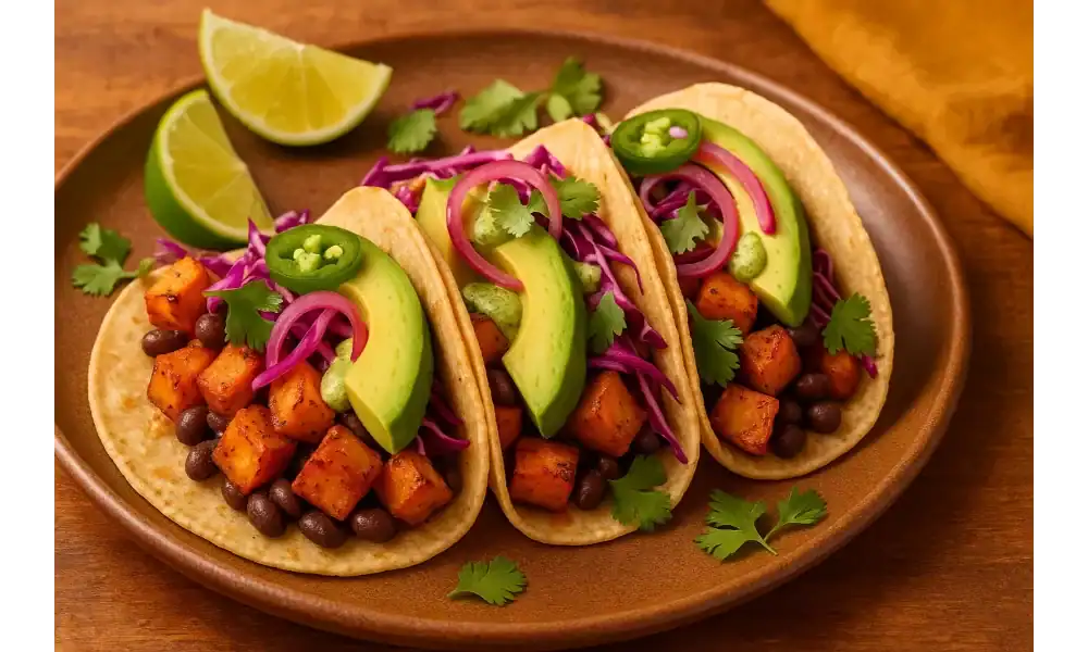 Close-up of three avocado sweet potato tacos on corn tortillas with black beans, roasted sweet potato cubes, purple cabbage slaw, pickled red onions, jalapeño, cilantro, and lime wedges on a brown plate under warm light.
