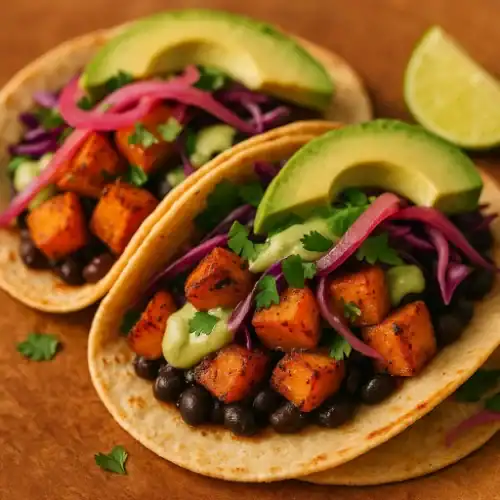 Two avocado sweet potato tacos on corn tortillas filled with roasted sweet potatoes, black beans, avocado slices, pickled red onions, purple cabbage, and cilantro, with lime wedges on the side.