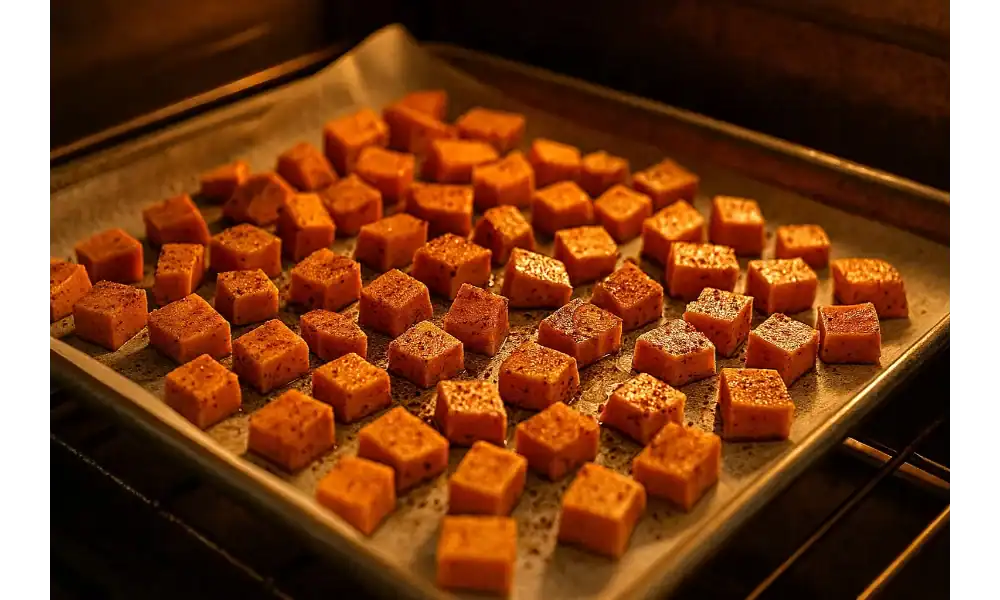 Cubed sweet potatoes, seasoned and spaced on a parchment-lined baking sheet in a warm oven, roasting for avocado sweet potato tacos (no oil).