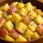 Close-up of potato salad with red-skinned and Yukon Gold potato cubes tossed in a creamy dressing and parsley on a warm wooden background.