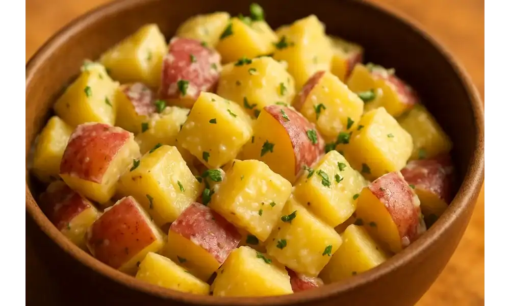 Close-up of potato salad with red-skinned and Yukon Gold potato cubes tossed in a creamy dressing and parsley on a warm wooden background.