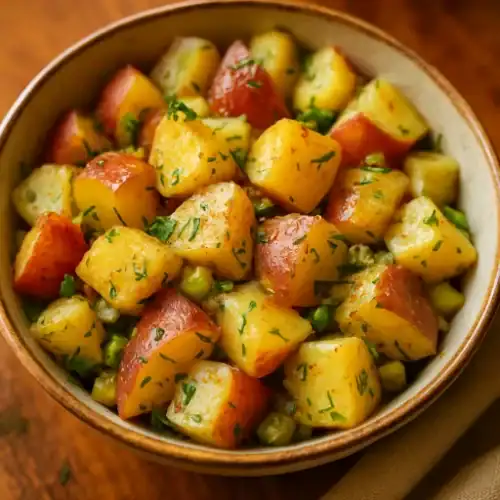 Close-up of red-skinned and Yukon Gold potato cubes in a herb vinaigrette, sprinkled with parsley in a rustic bowl on a warm wooden table.