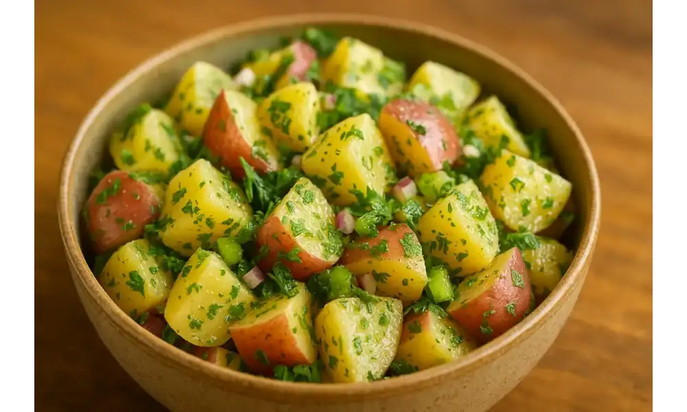 Close-up of red-skinned and Yukon Gold potato cubes tossed in herb vinaigrette with parsley, celery, and red onion in a rustic bowl on a warm wooden table.