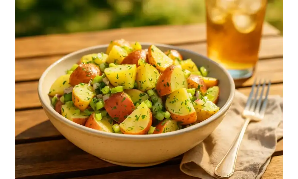 Outdoor summer lunch scene with red-skinned and Yukon Gold potato salad in herb vinaigrette, served in a stoneware bowl on a wooden table with iced tea and a fork.
