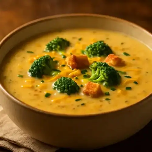 Close-up bowl of creamy broccoli cheddar soup with bright broccoli florets, melted sharp cheddar, chives, and crunchy croutons on a rustic table.