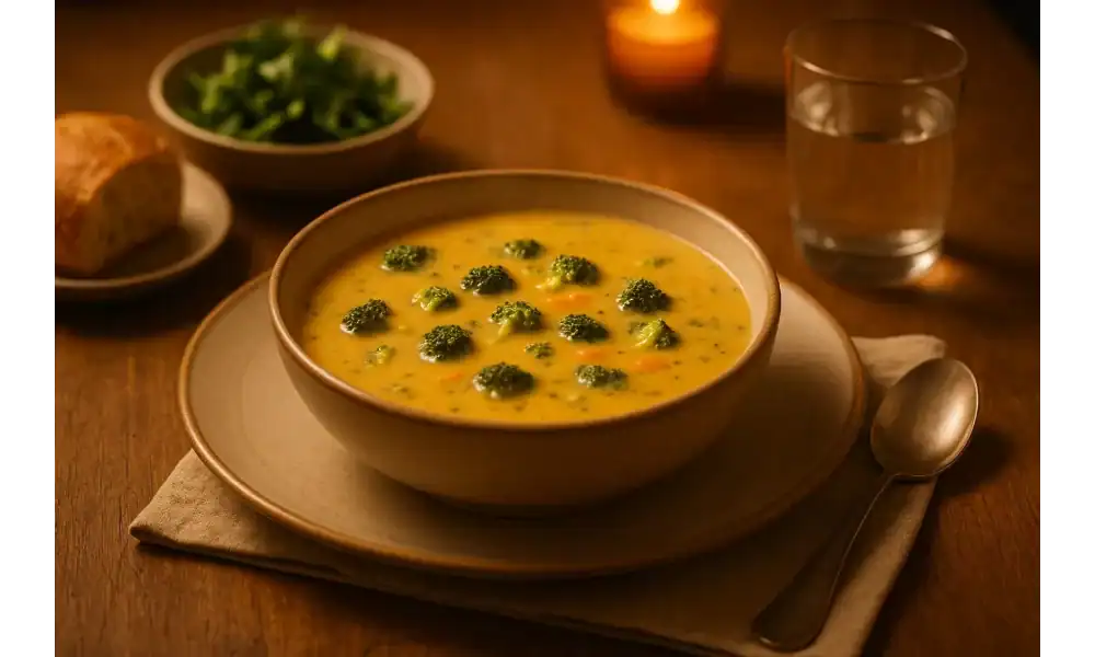 Warm dinner scene with a bowl of creamy broccoli cheddar soup topped with broccoli florets, set on a rustic table with a spoon, bread, salad, and a glowing candle.
