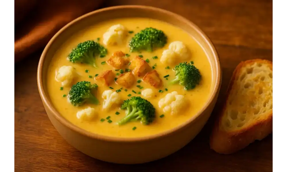 Close-up bowl of extra-veg broccoli and cauliflower cheddar soup with chives, golden croutons, and a toasted baguette slice in warm light.